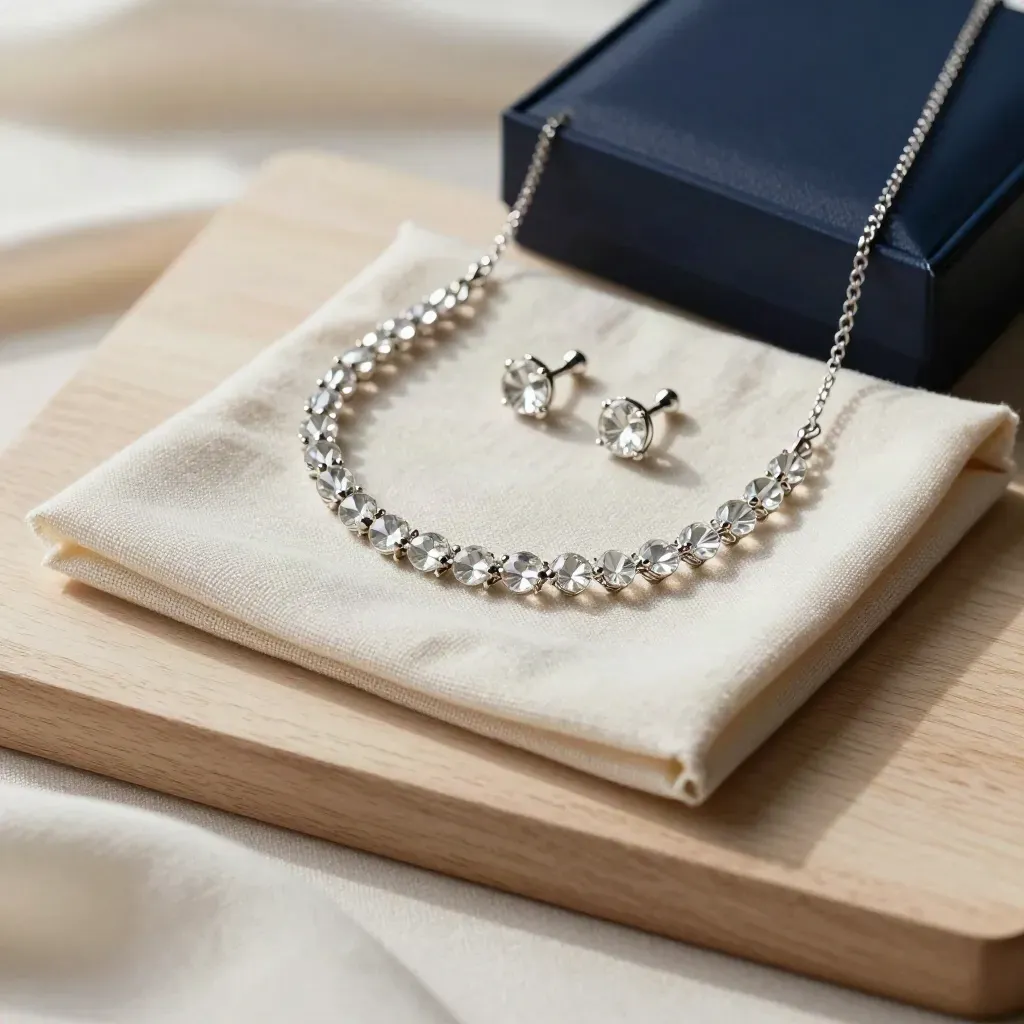 Crystal necklace with studs, linen cloth, and box corner on pale wood.