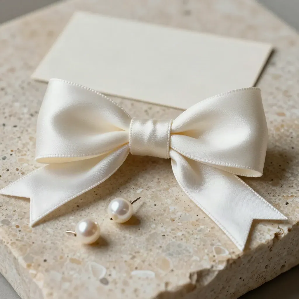 Macro satin bow headpiece with pearl pins on pale stone, softly lit.