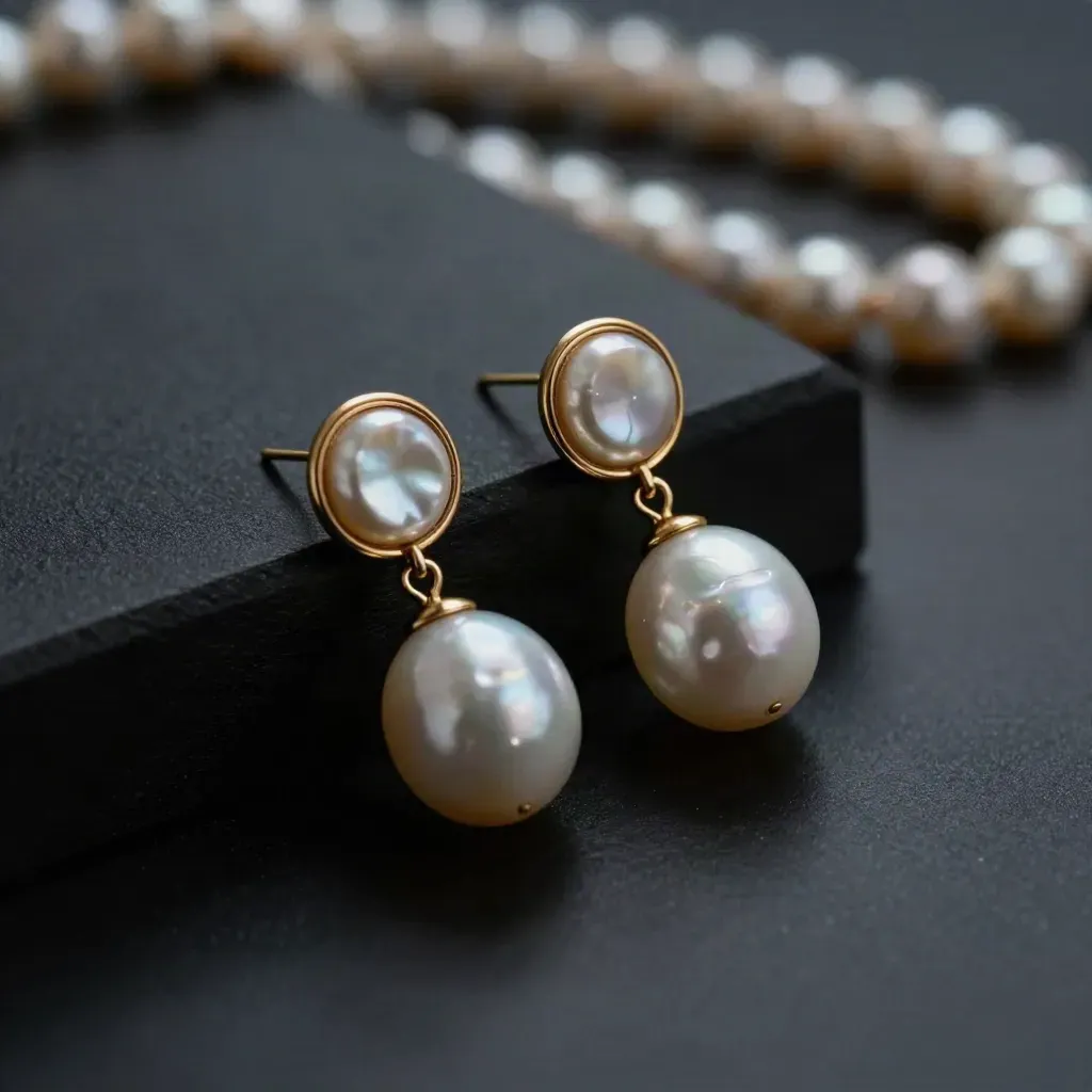 Extreme macro of pearl halo earrings beside a pearl strand on a matte-black jeweller's pad.