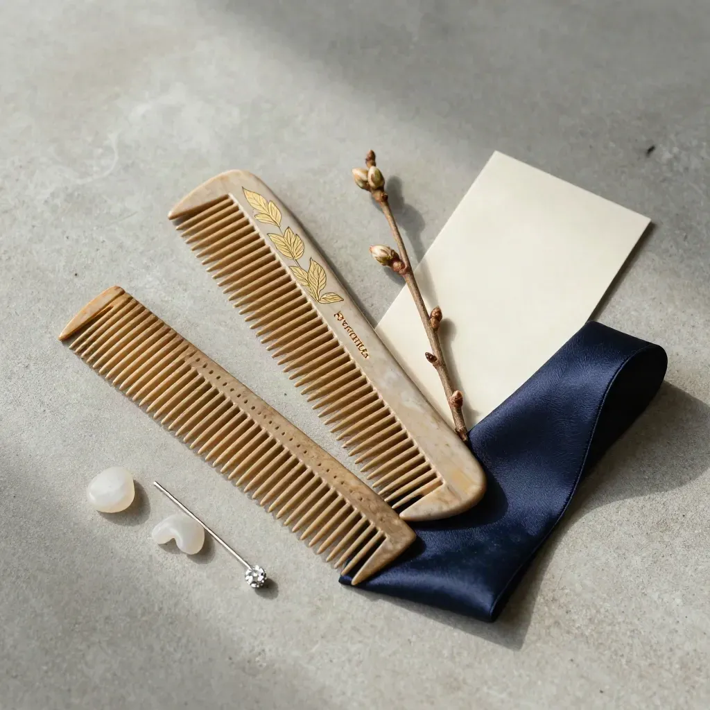 Overhead flatlay of a vine-style comb, crystal pin, stone chips, and navy silk accent.