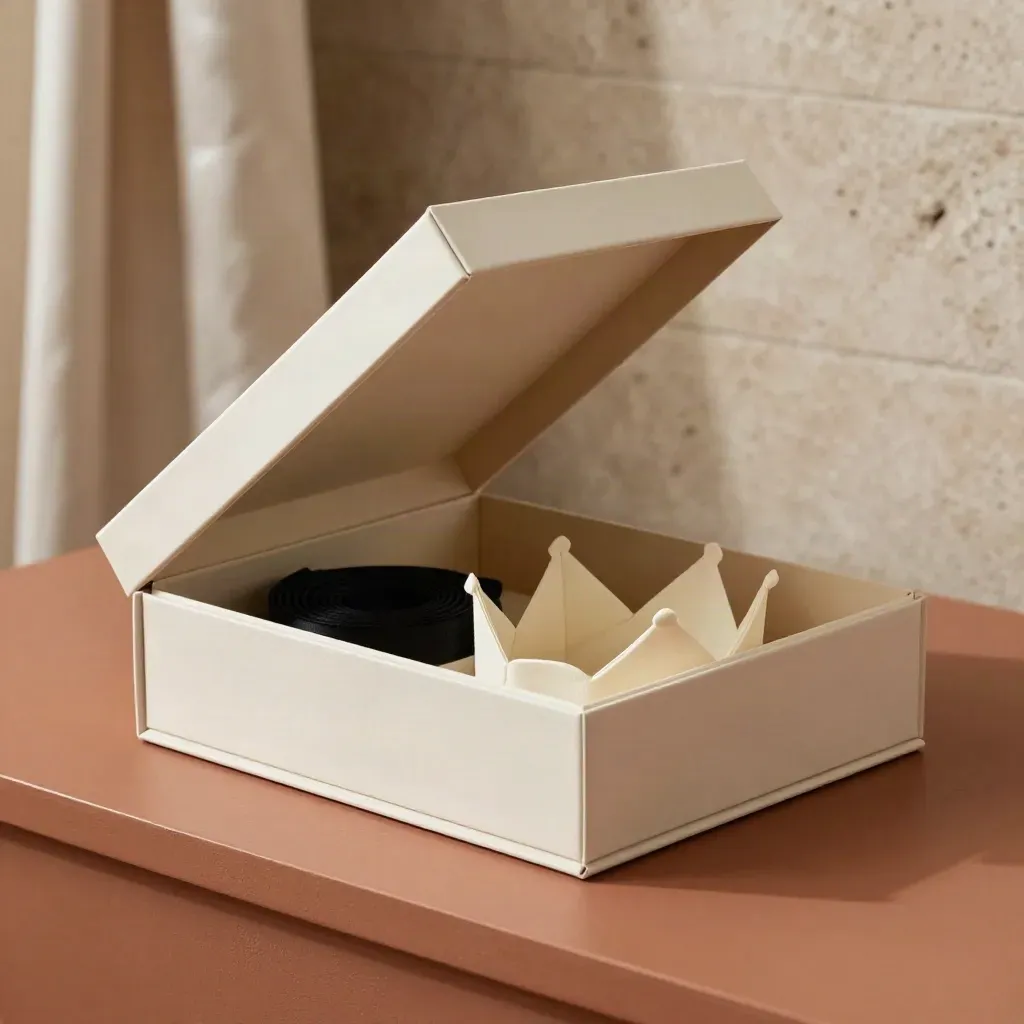Open luxury gift box with ribbon and crown compartment on a terracotta boutique counter.