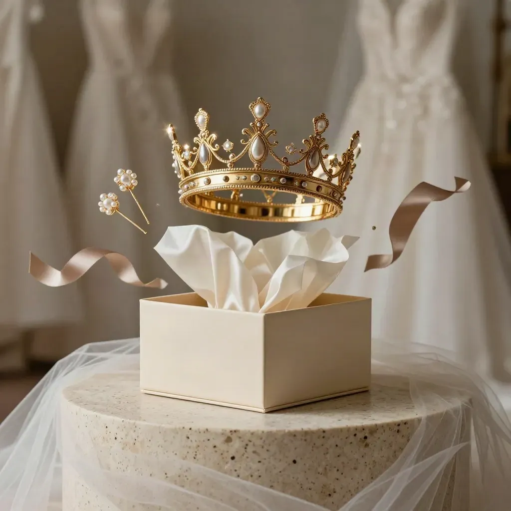 Open bride gift set with gold crown, pin set and ivory box on cream stone.