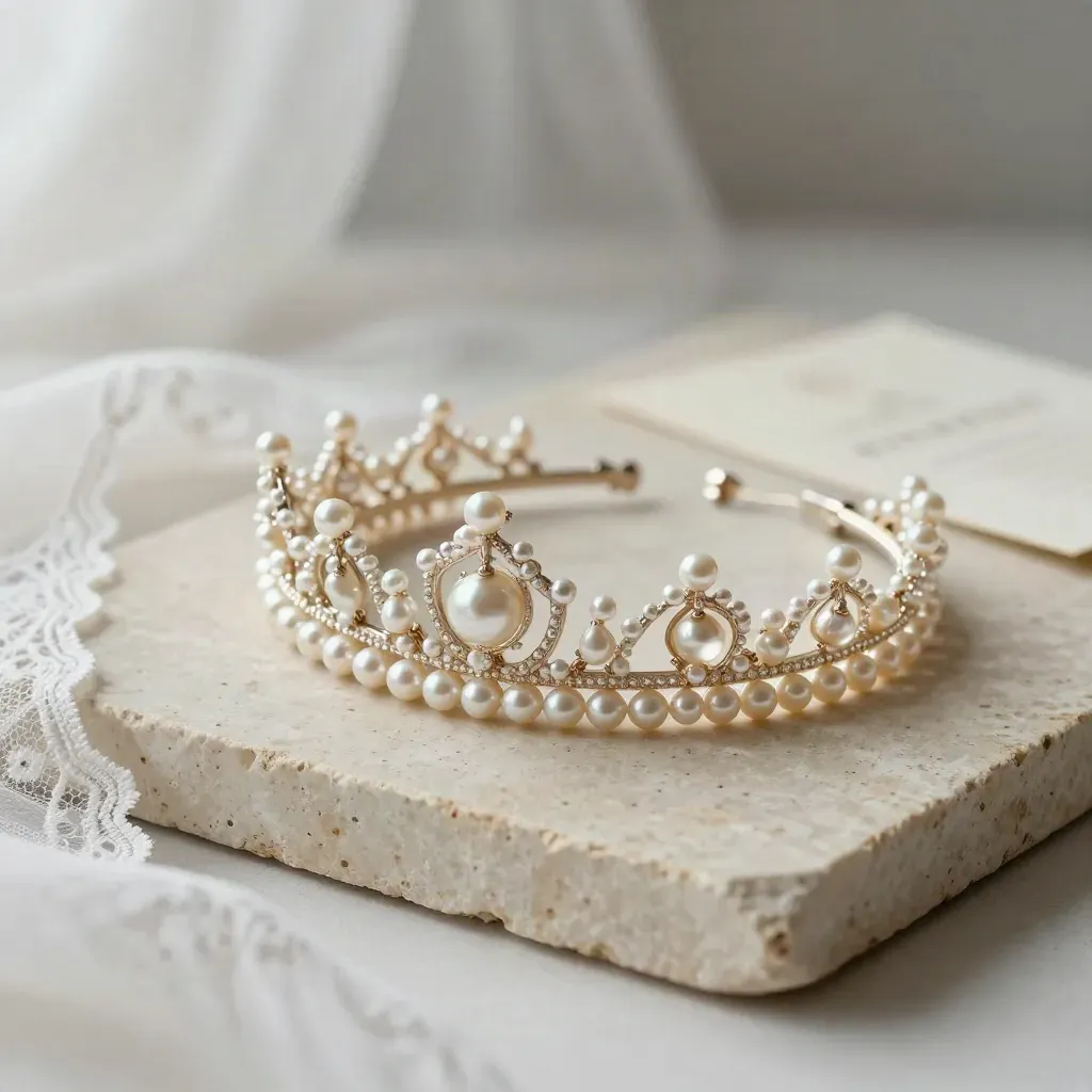Pearl crown on travertine with lace veil and pearl studs in soft bridal light