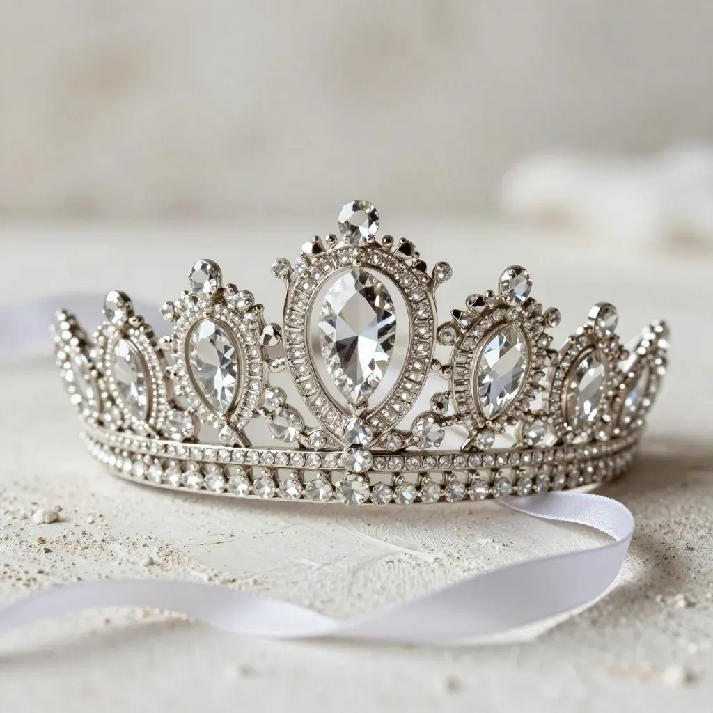 Macro of a crystal bridal tiara, comb, and ribbon on brushed plaster with soft light.