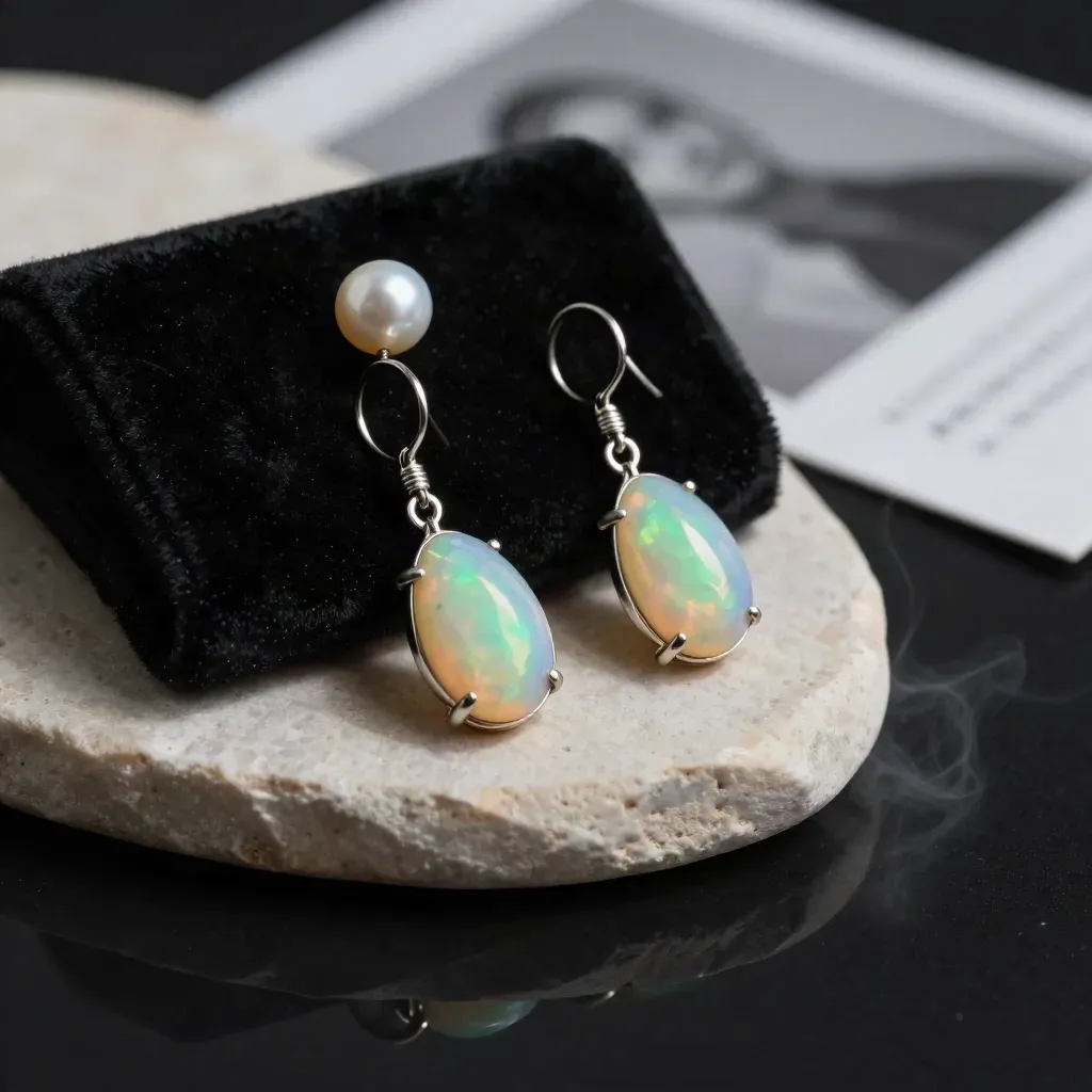 Opal drop earrings on stone with velvet pouch and pearl in dramatic studio light