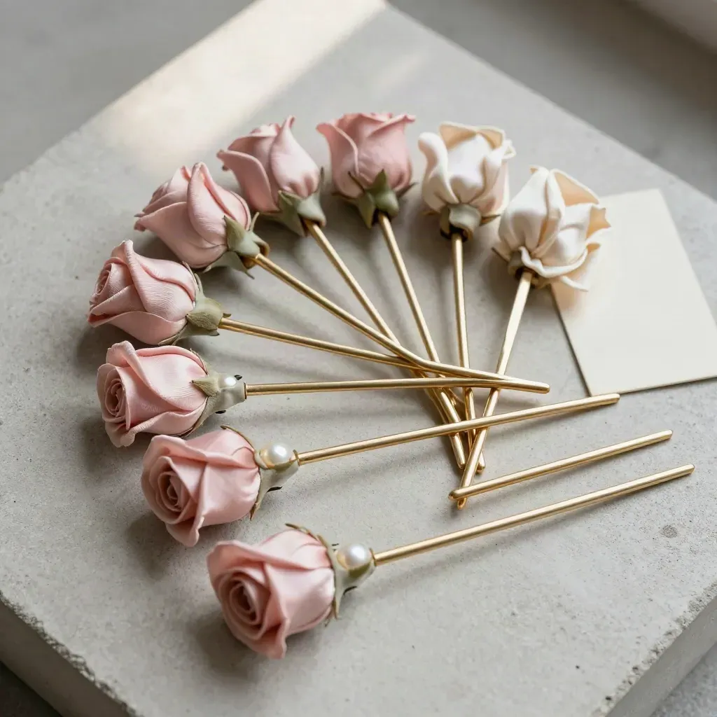 Six satin rose hair pins with pearl bead on pale stone, overhead flatlay