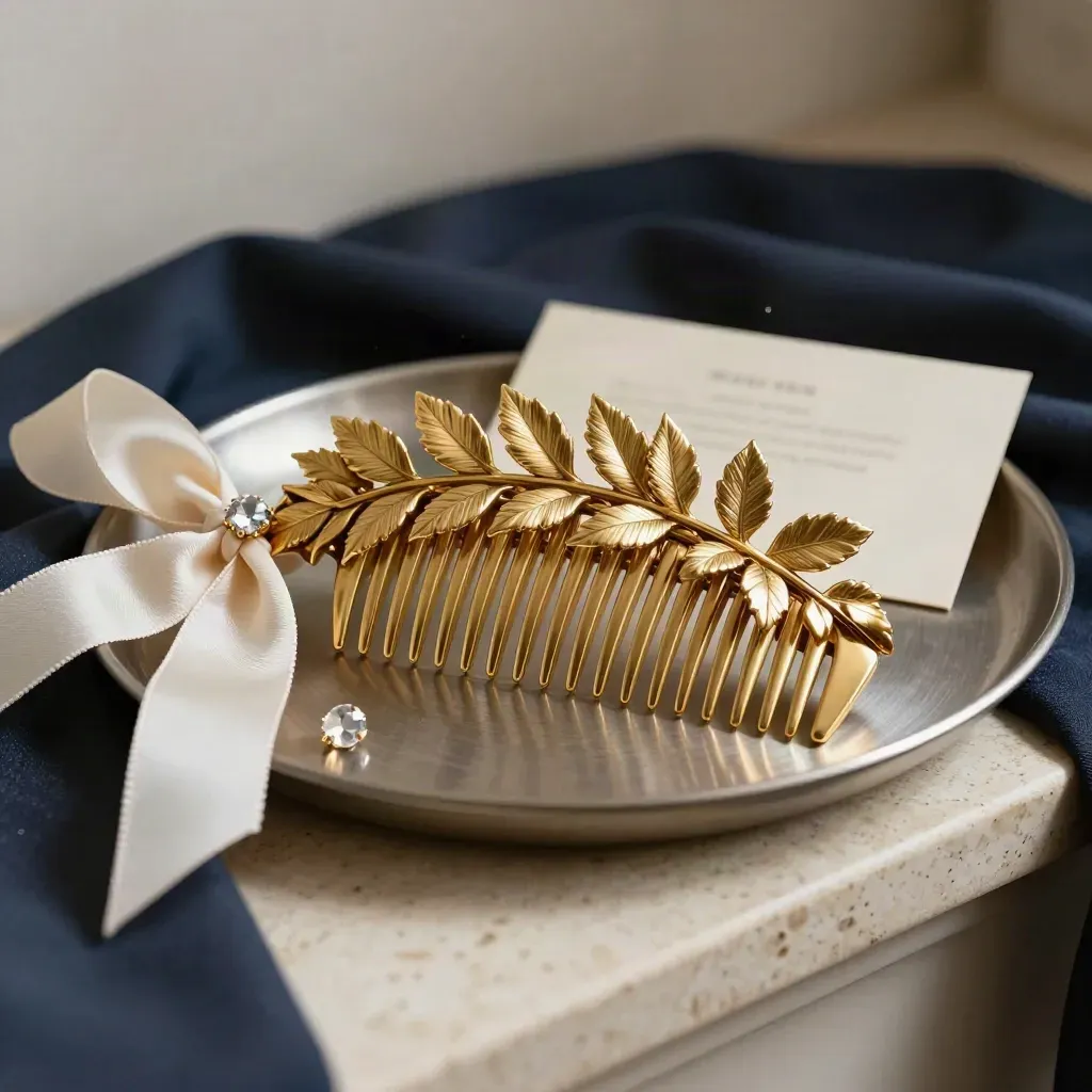 Gold leaf hair comb beside ribbon, crystal pin and metal tray on travertine.