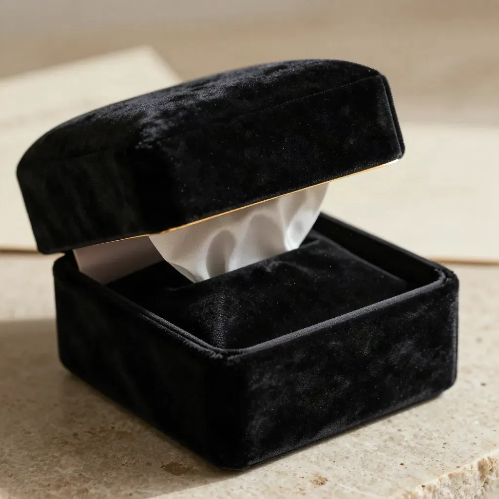 Open black velvet crown gift box with gold trim and silk lining on limestone.