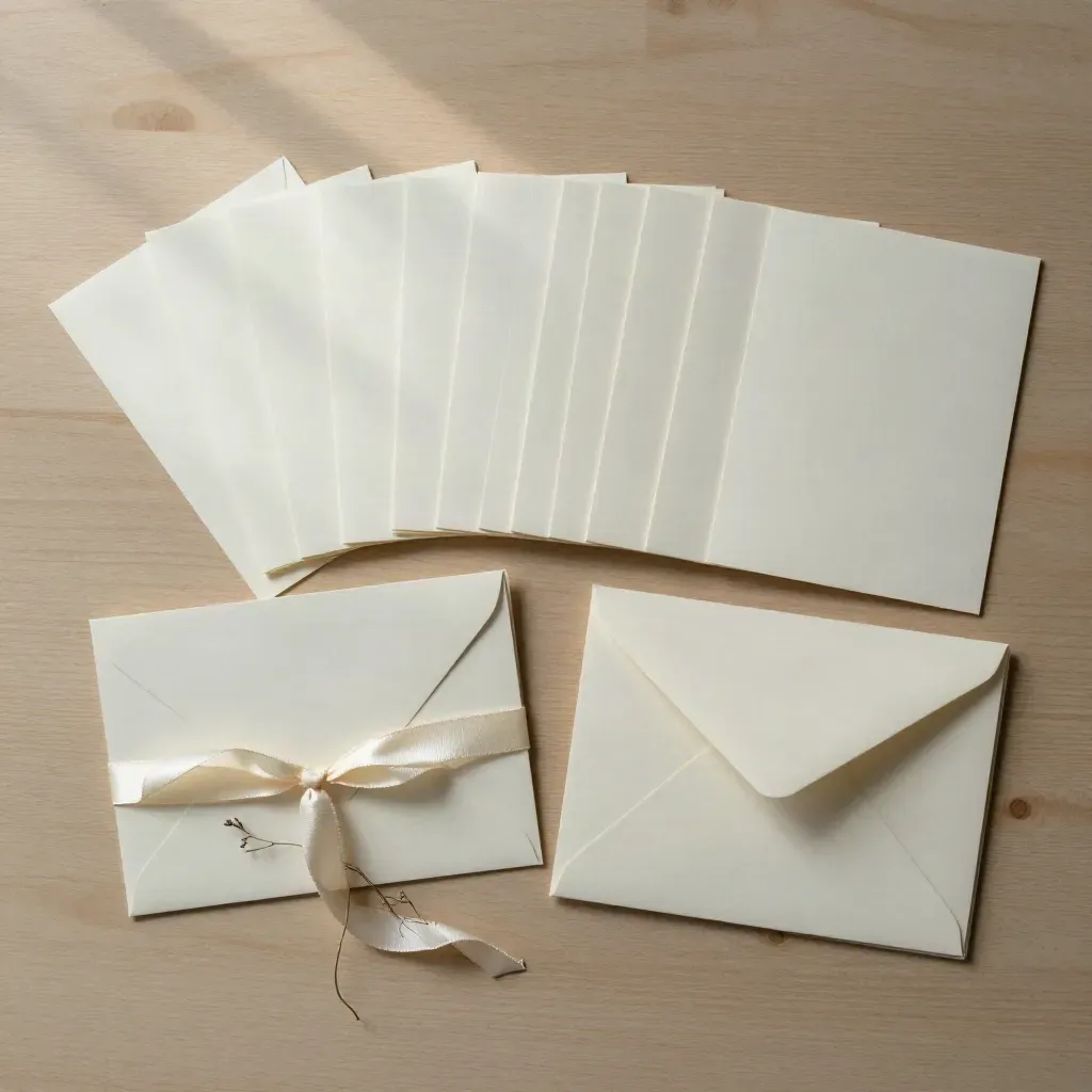 Overhead flatlay of cream bride note cards, envelopes, ribbon tie and sprig on pale wood.
