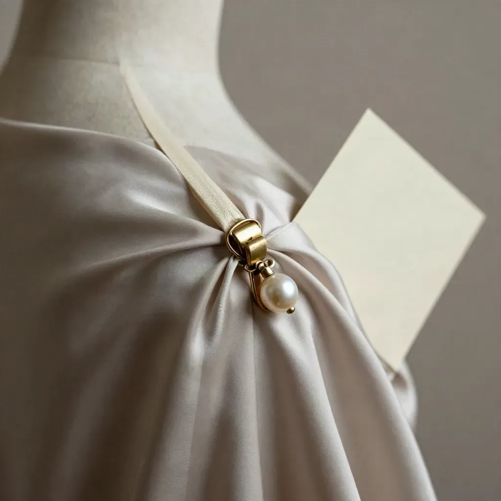 Antique-gold shoulder clip in satin folds on pale stone with pearl pin and blurred bridal card.