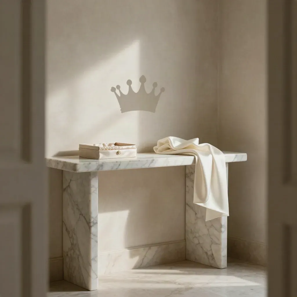 Cream bridal suite with marble console, crown silhouette, drape, and warm morning light.