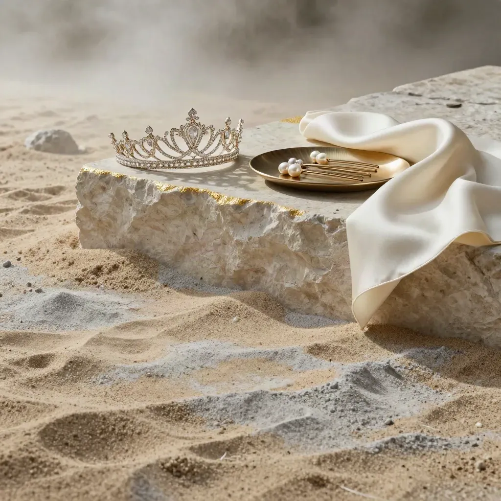 Pale stone plinth, tiara silhouette and pin tray under soft raking light with calm copy space