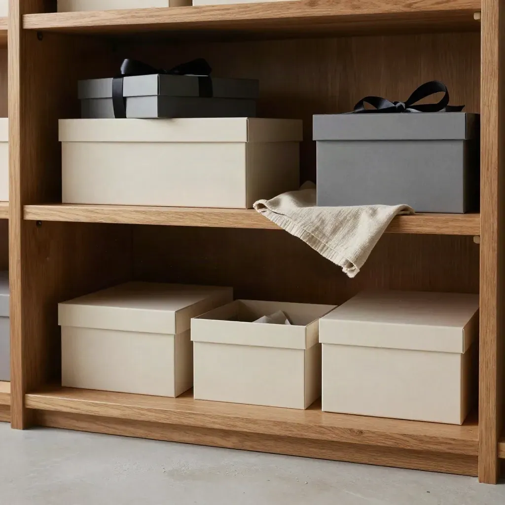 Stacked luxury gift boxes in a sunlit timber alcove with calm copy space below.