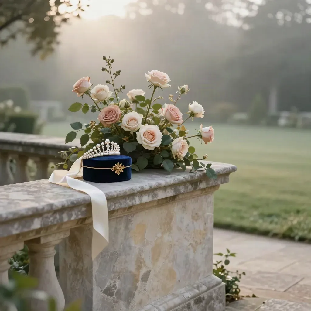 Stone terrace at dusk with bridal headpieces, gift boxes and garden blooms above open misty space.