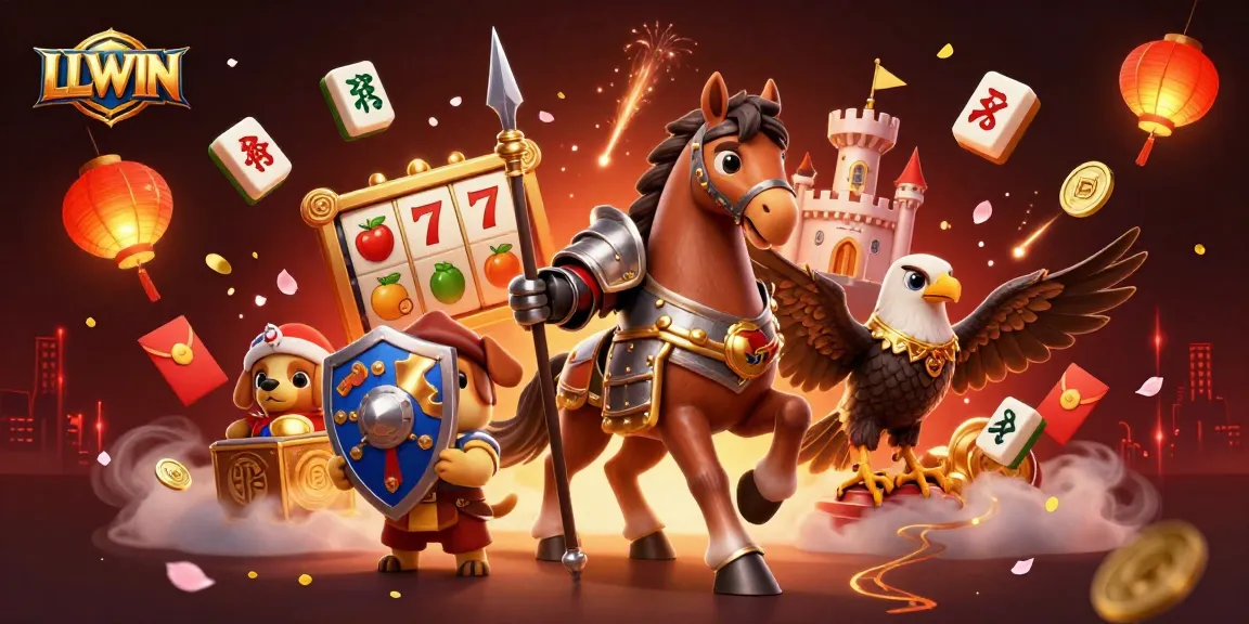 LLWIN showcases an exciting slot scene featuring a medieval knight and companions amidst dynamic gaming elements.
