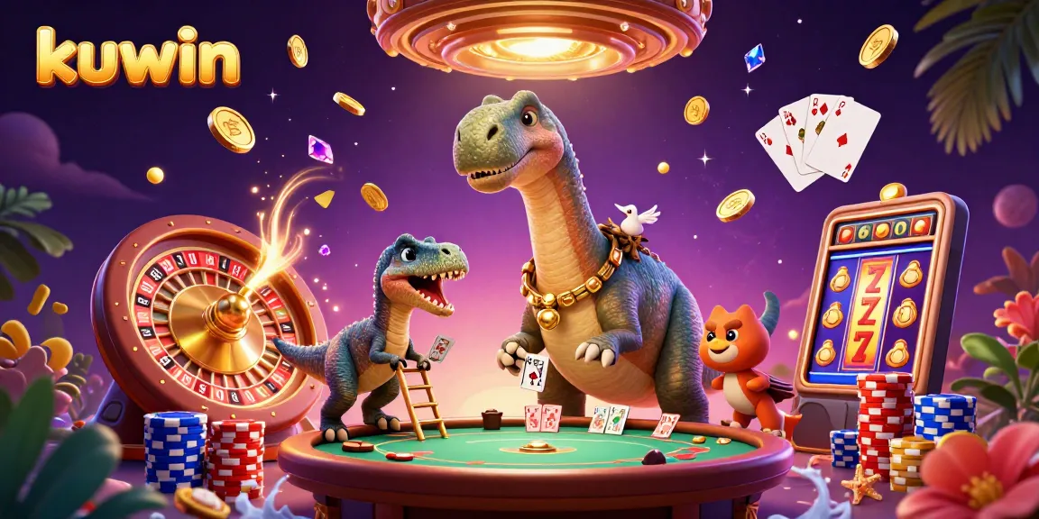 Kuwin engages players in a vibrant 3D casino scene with a towering brontosaurus and dazzling game elements.