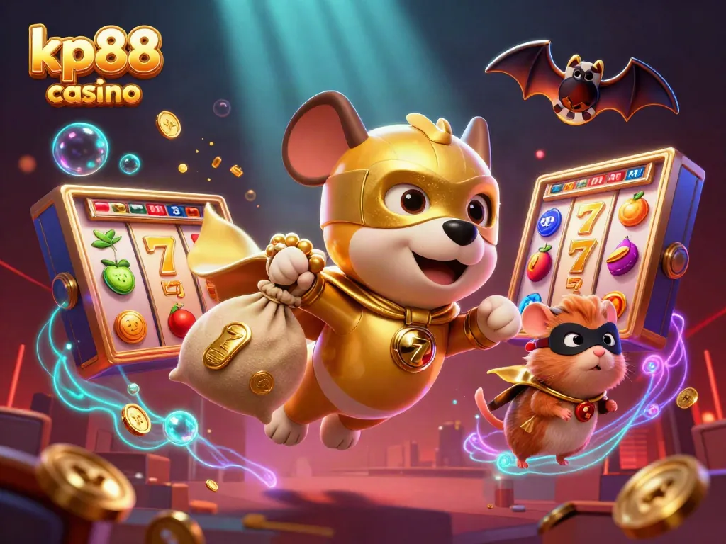 Experience the thrill of kp88 casino with our superhero dog and sidekick in a vibrant 3D illustration.