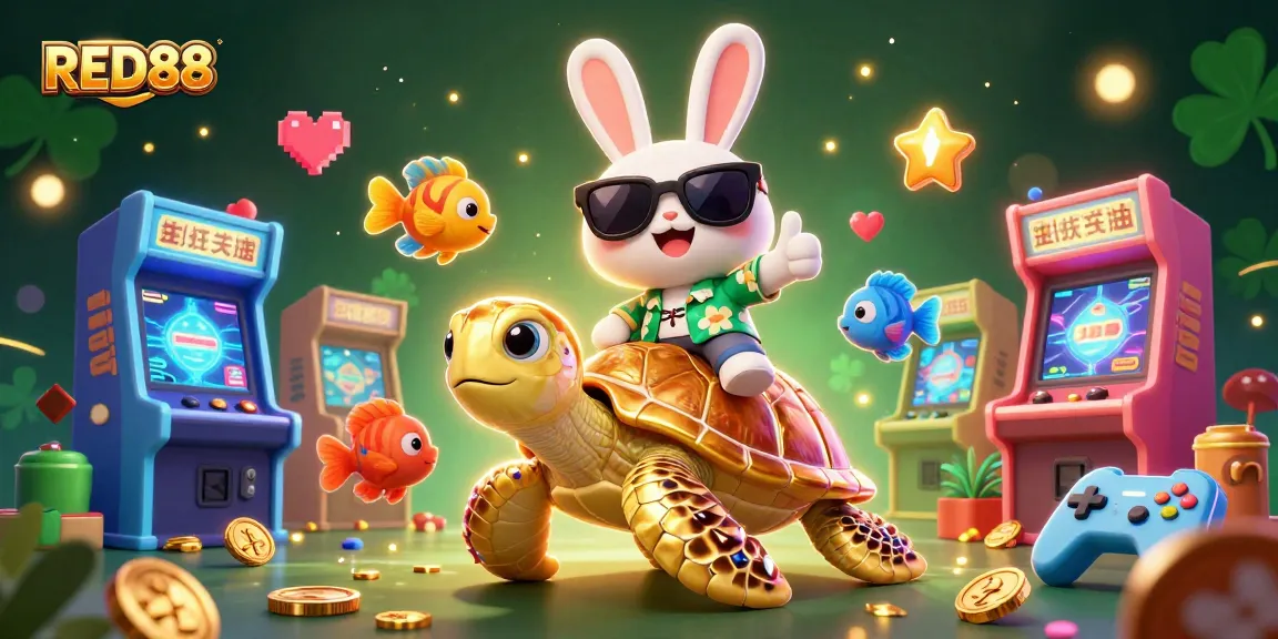 Bet on big wins with RED88, as a lucky rabbit rides a golden turtle in this vibrant casino scene.