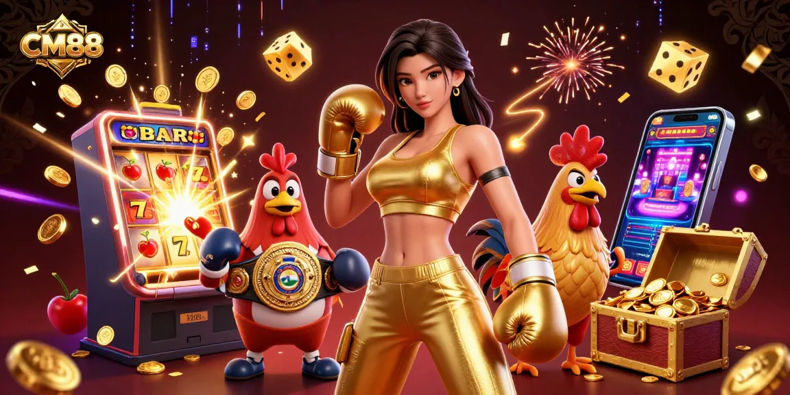 Experience thrilling games at CM88 casino with a powerful player, championship rooster, and slot machine excitement.