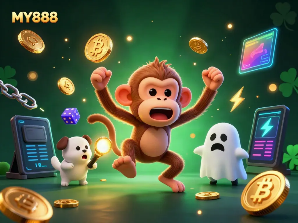 Experience thrilling fortunes at MY888 with an enchanting 3D casino scene featuring a playful monkey and ghost-hunting puppy.