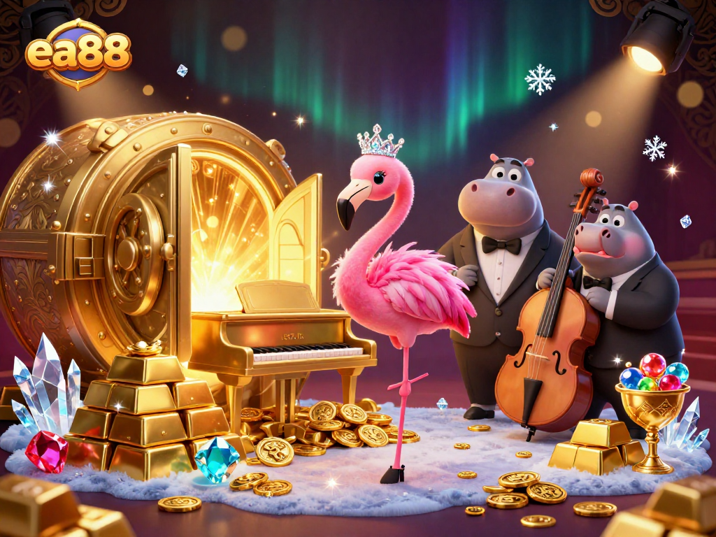 ea88's vibrant casino scene with a flamingo singer and hippo bassist amidst sparkling treasures.