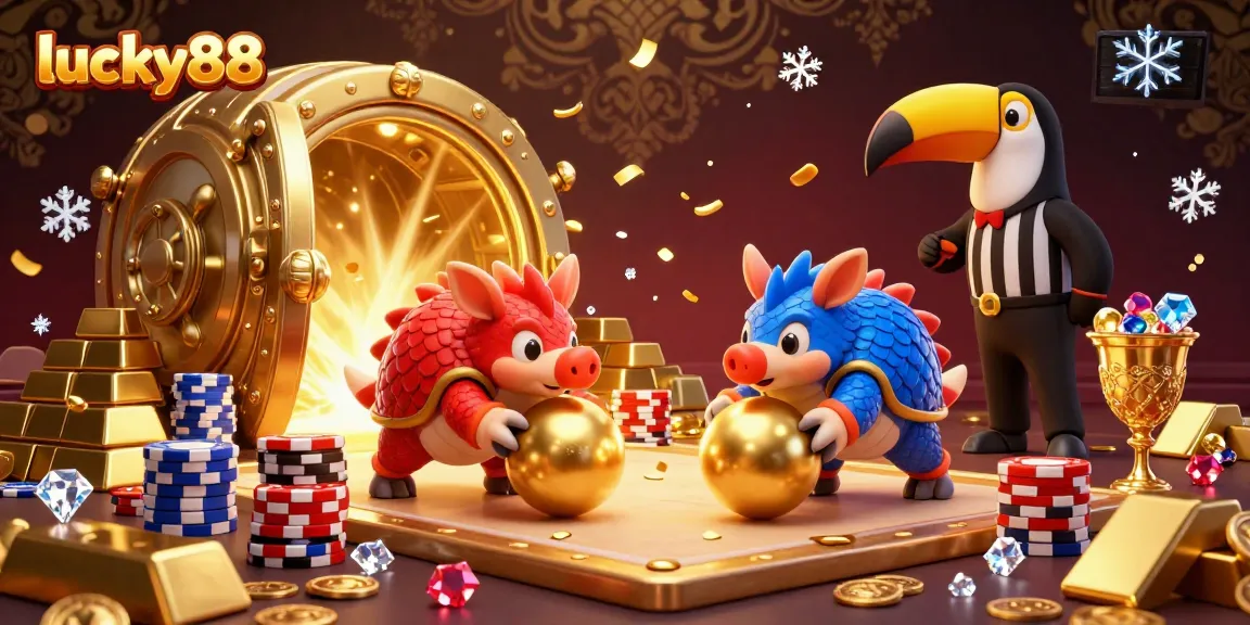 Engage with lucky88 slot adventure as pangolins compete in a vibrant casino setting filled with treasures.