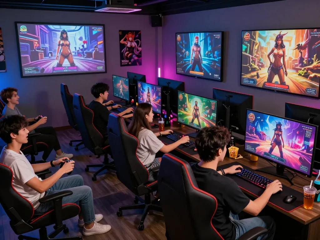 Players enjoying interactive sex games in a vibrant gaming lounge with immersive graphics.