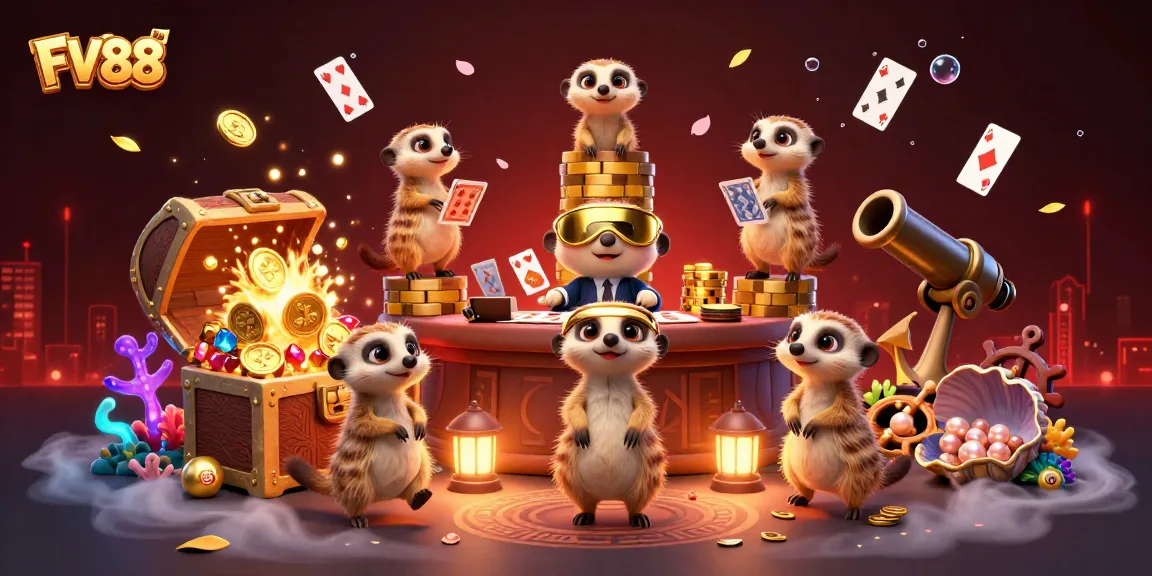 Experience thrilling wins at FV88 with a vibrant casino scene featuring meerkats and dazzling treasures.