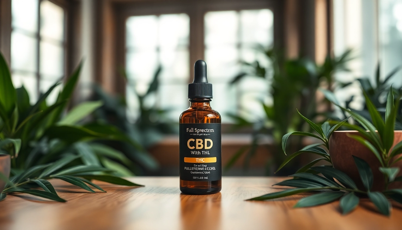 Showcase full spectrum CBD oil with THC in an elegant wellness setting amidst lush greenery.