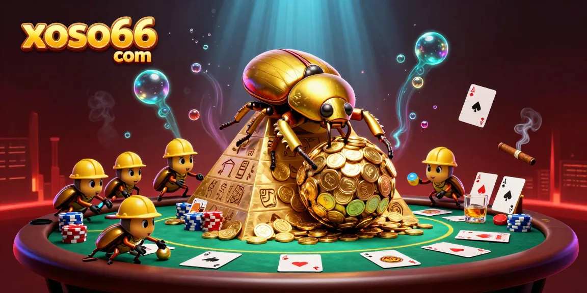 Experience the excitement at xoso66 com while watching golden beetles roll coins in a vibrant casino.