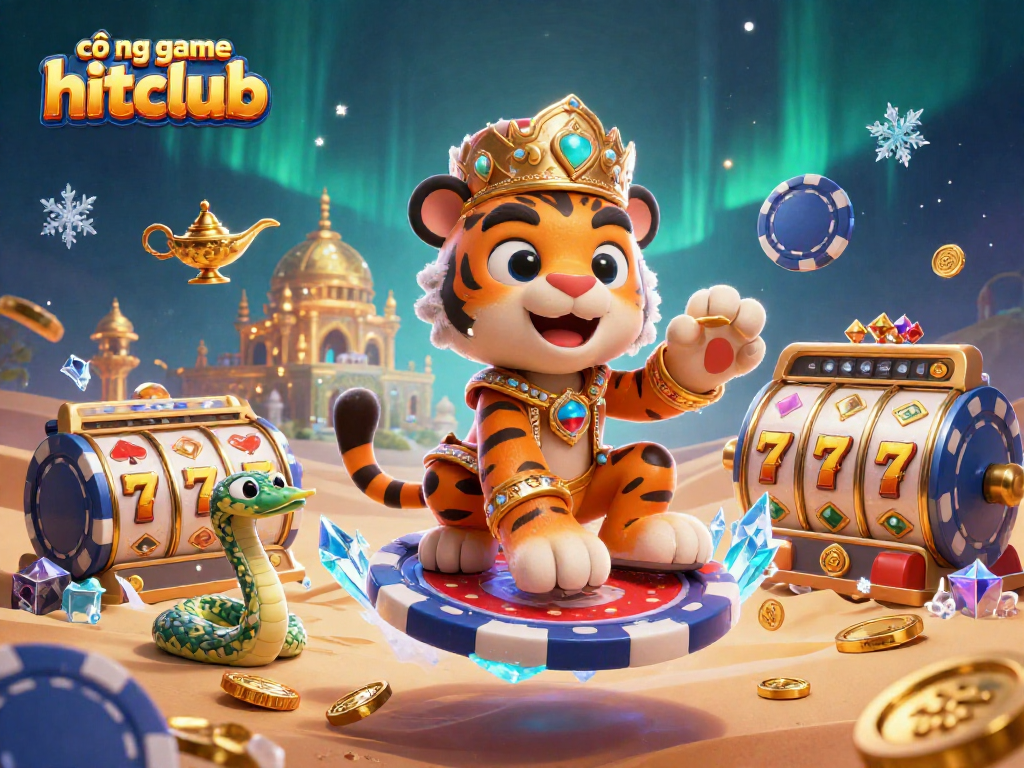 Experience the thrill of cổng game hitclub with dynamic casino elements and a cartoon tiger sultan.