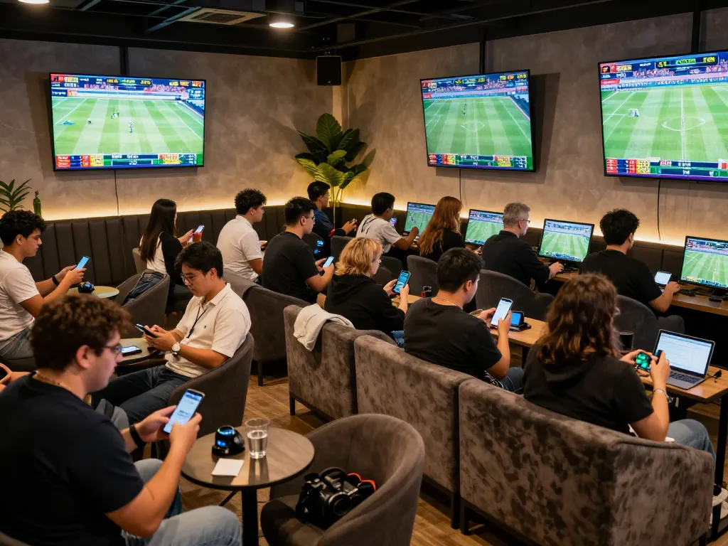 Betting enthusiasts analyzing live sports events at VU88 with mobile devices in a vibrant lounge atmosphere.
