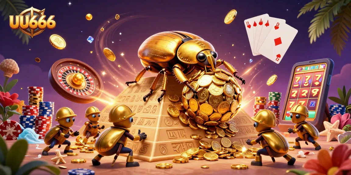 Experience the thrill of UU666 as golden coins cascade and beetles build excitement in a vibrant casino scene.