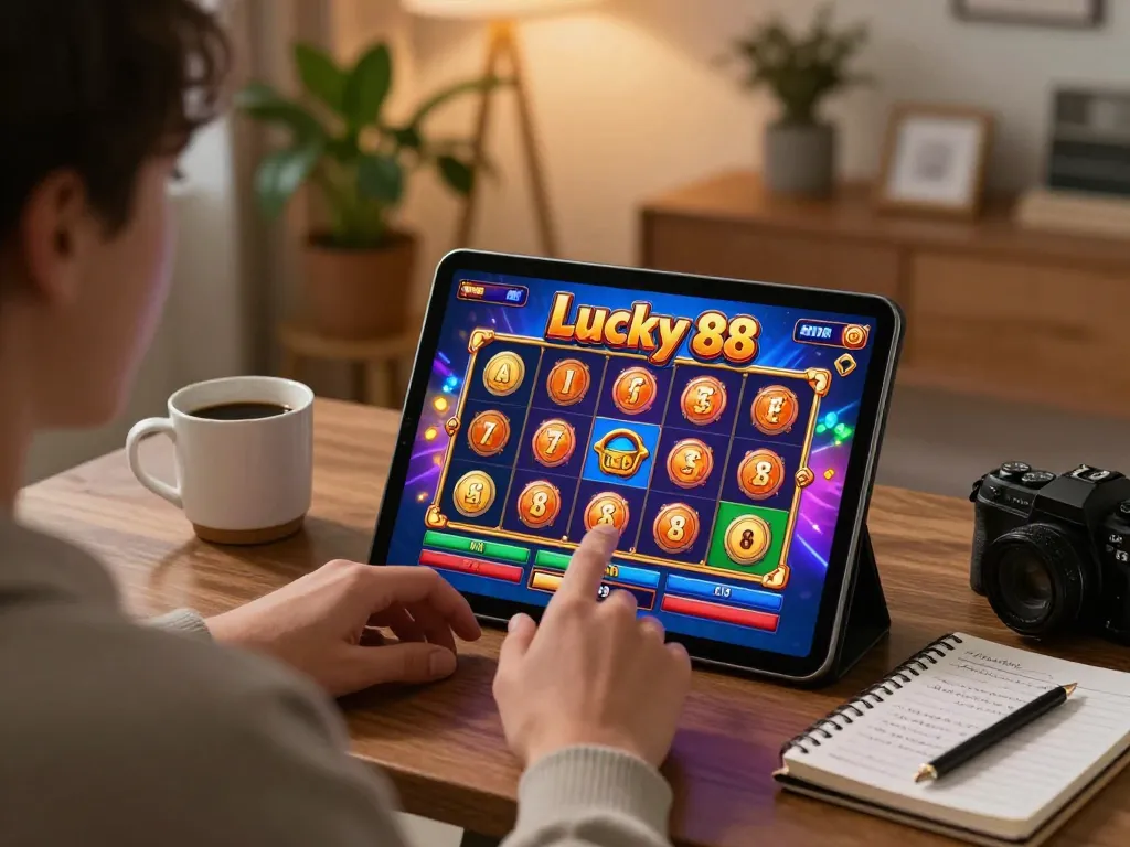 Engaging with the Lucky 88 slot machine on a tablet in a cozy home setting.