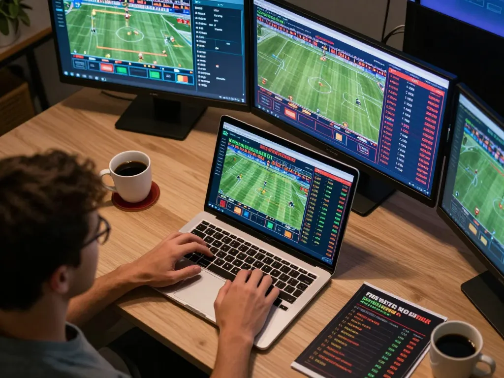 Engaging scene of online sports betting at trang chủ au88, with live sports displayed on multiple screens, emphasizing strategic wagering.