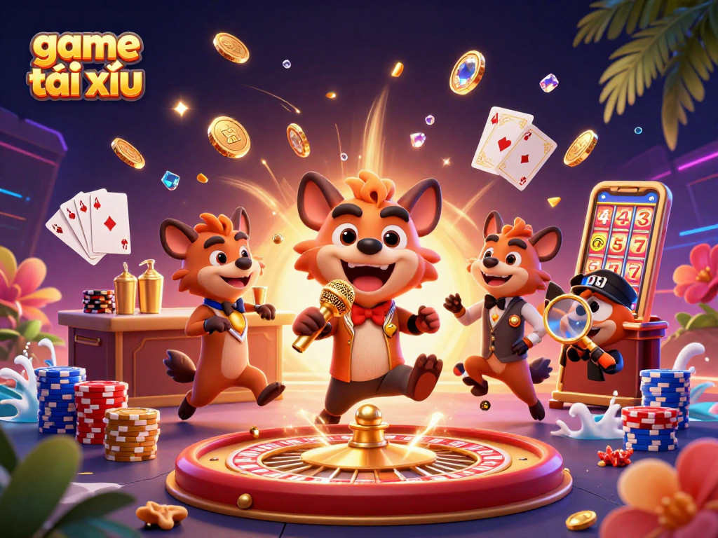 Experience the thrill of game tài xỉu with lively hyena characters in a vibrant casino scene.