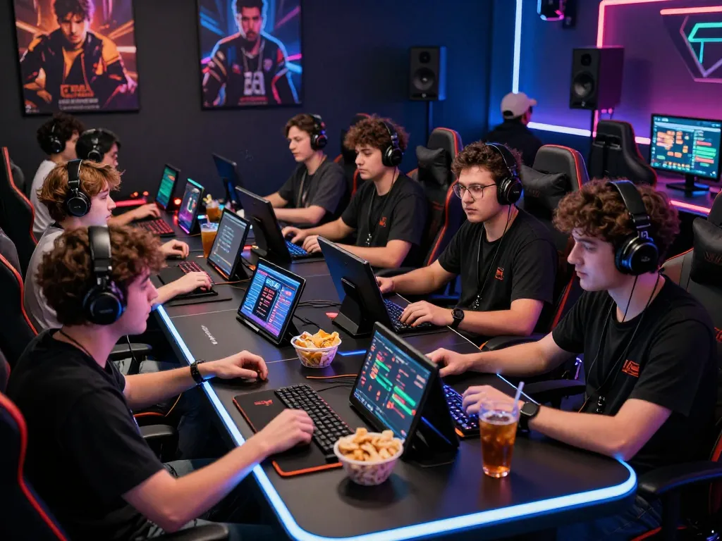 Exciting gem88 online gaming session showcasing vibrant players engaged with tablets at a stylish table.