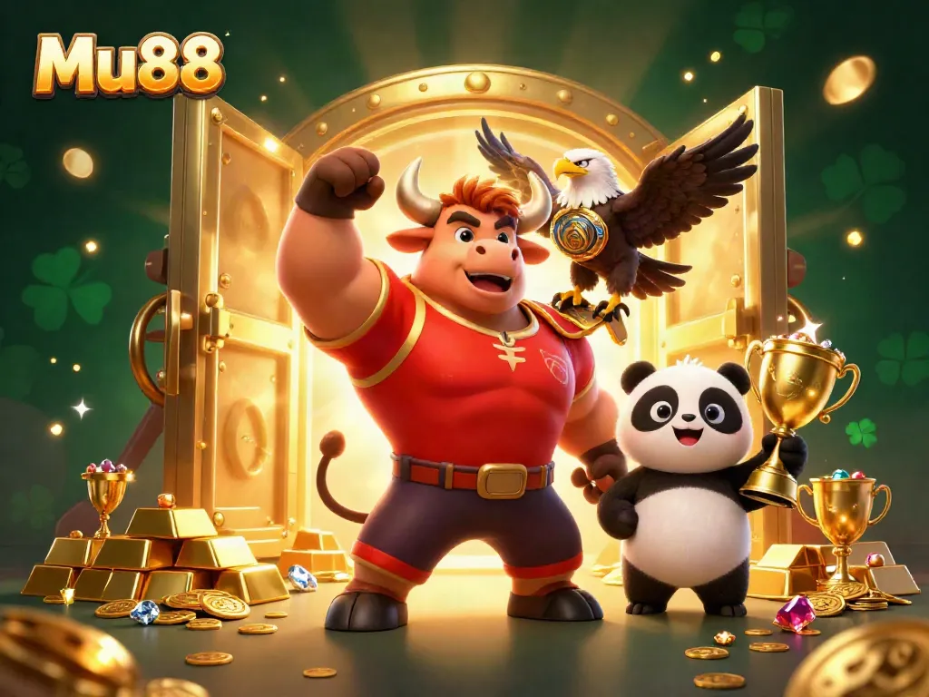 Engage with Mu88 as the victorious mascot with gems and gold in an exciting casino setting.