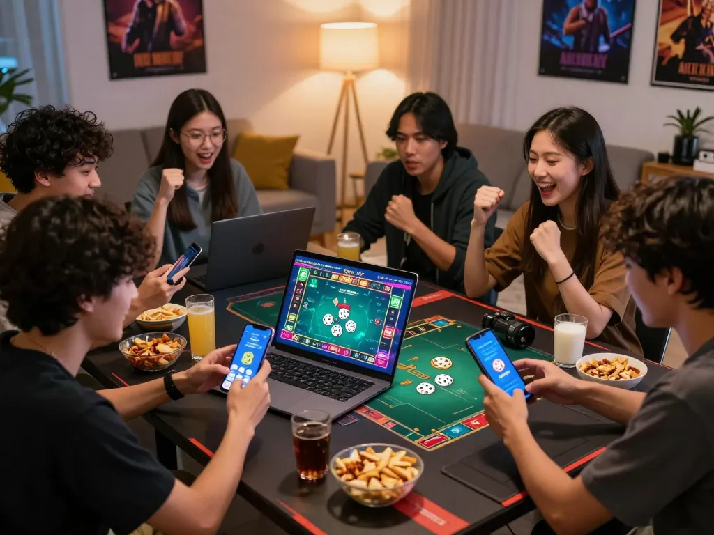 Friends excitedly playing tài xỉu online in a cozy gaming setup with engaging visuals and snacks.