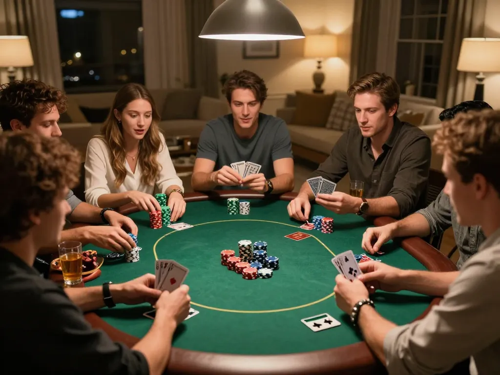 Players engaged in a thrilling poker game at home, showcasing strategies with 789win. com cards and chips.