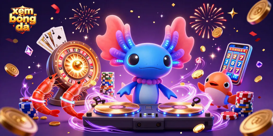 Engage with xem bóng đá as a vibrant axolotl DJ spins tracks amidst sparkling gambling elements.