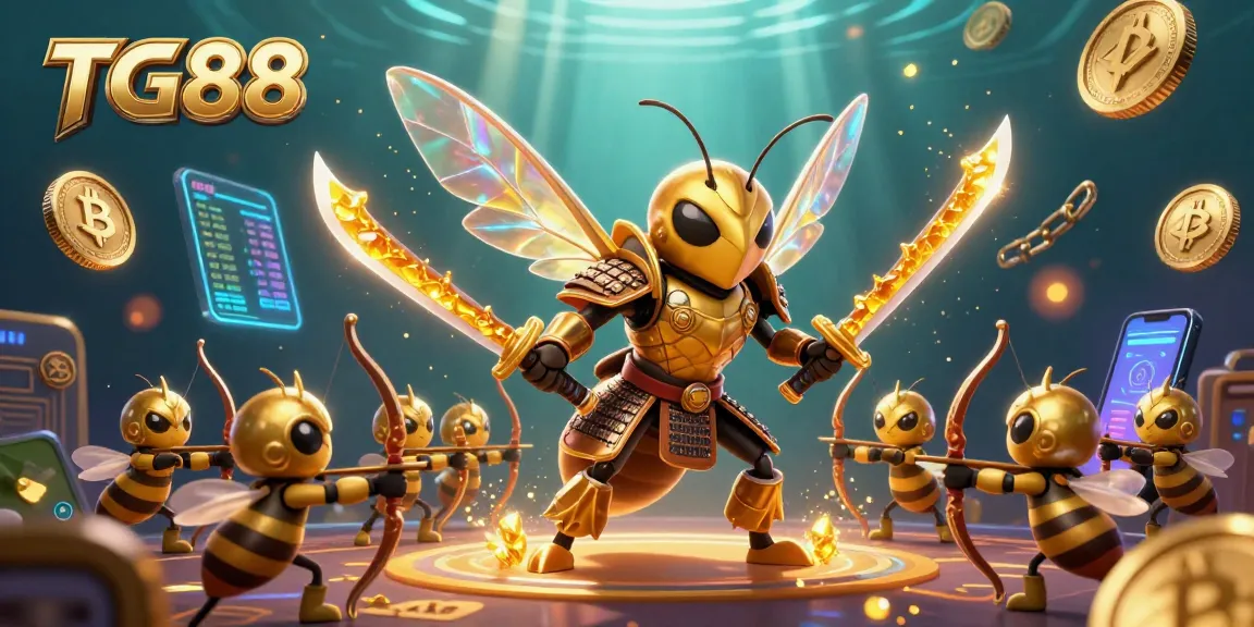 Engage with TG88's vibrant gaming world, led by a golden hornet and bee archers amidst a gambling scene.