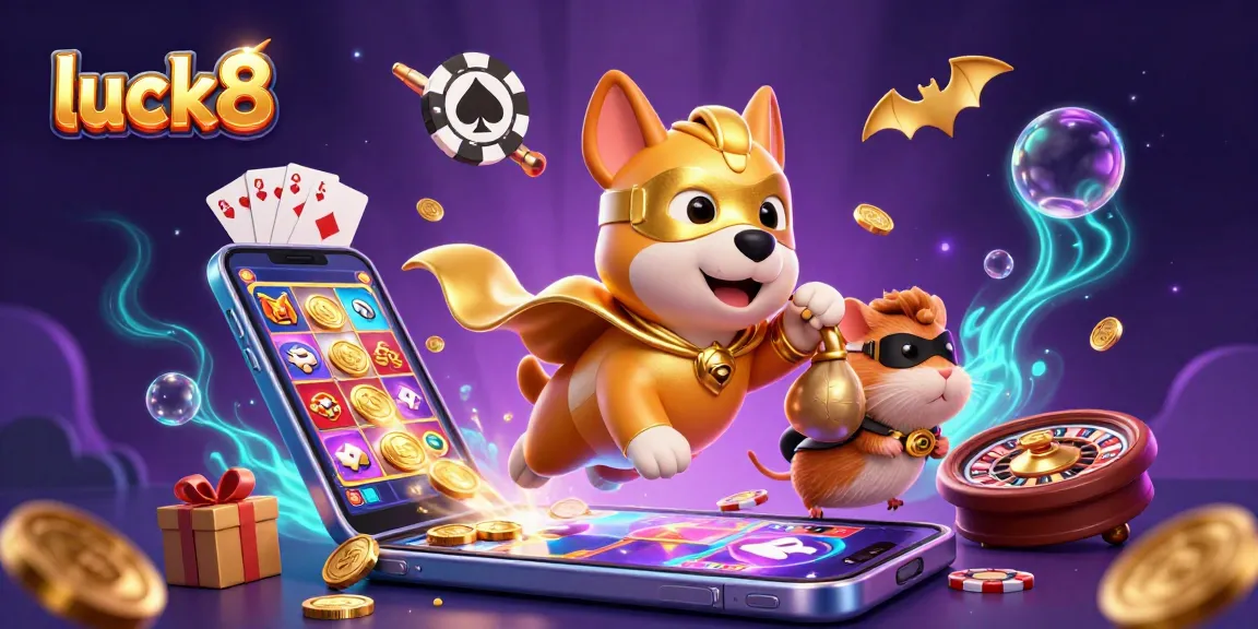 luck8 showcases a spirited 3D scene with a superhero dog and hamster celebrating gaming riches.
