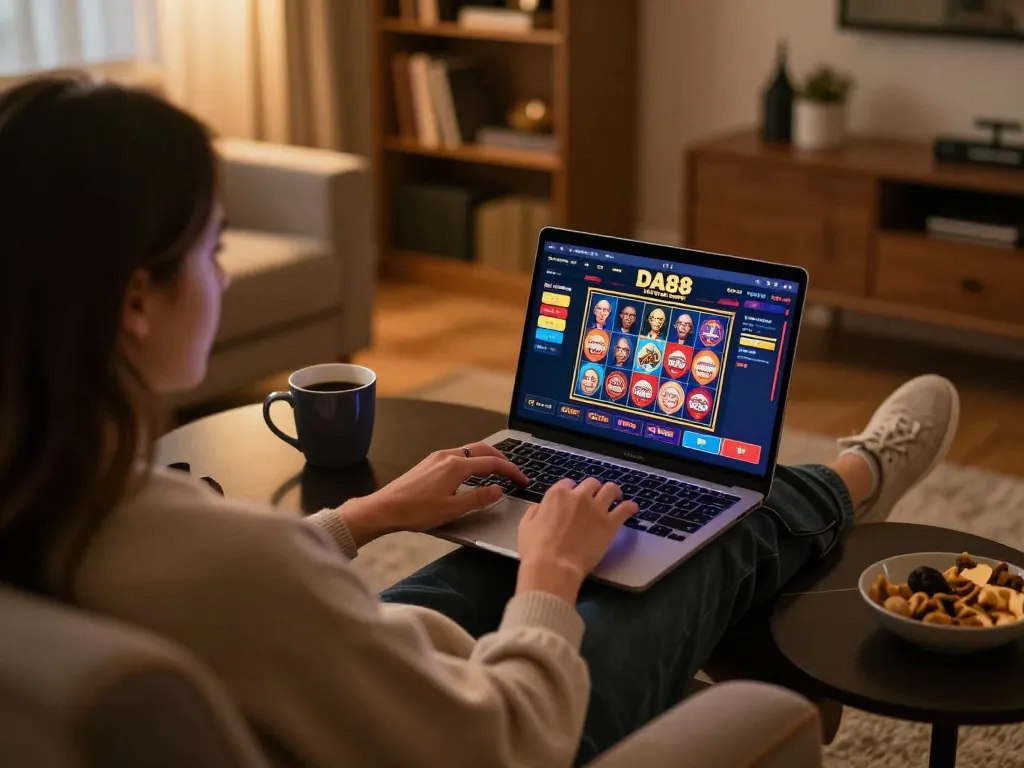 Person enjoying DA88 online casino gaming at home, laptop screen showing vibrant games and cozy atmosphere