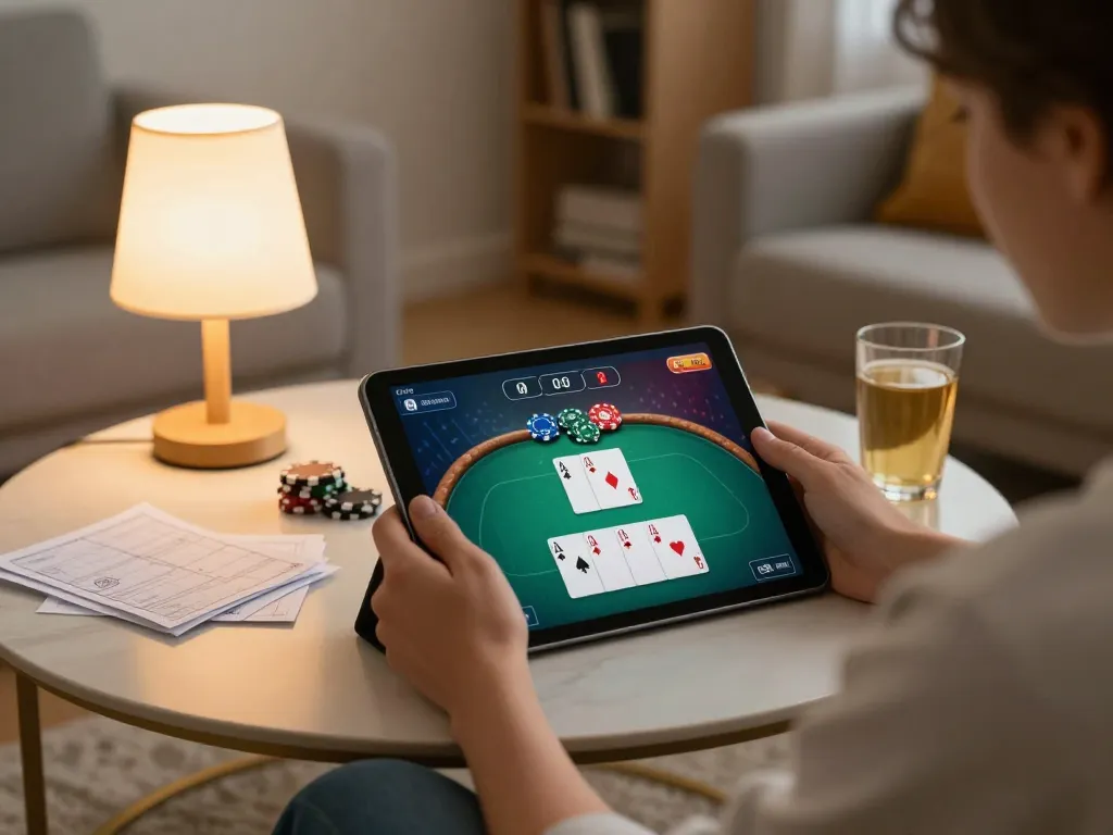 Engaging online poker gameplay at home using https://shbet.id/ tablet with cozy surroundings.