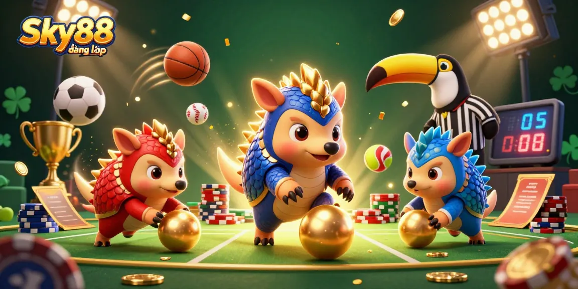 Engage in thrilling gameplay with Sky88 đăng nhập as pangolins roll winning golden balls amidst a vibrant casino scene.