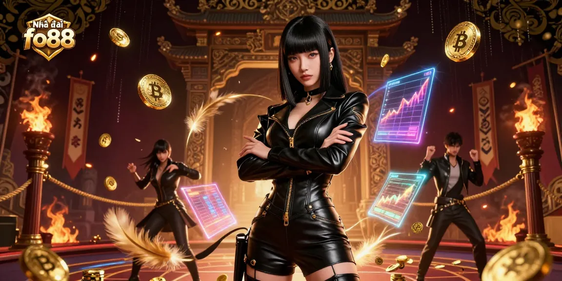 An engaging scene showcasing Nhà cái fo88, a stunning Asian woman in a leather outfit amidst a casino filled with Bitcoin symbols, gold coins, and dynamic elements.