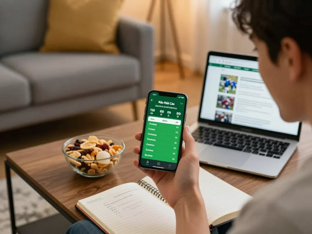 Kèo Nhà Cái presented on a smartphone screen as a player analyzes sports betting options in a cozy home setup.
