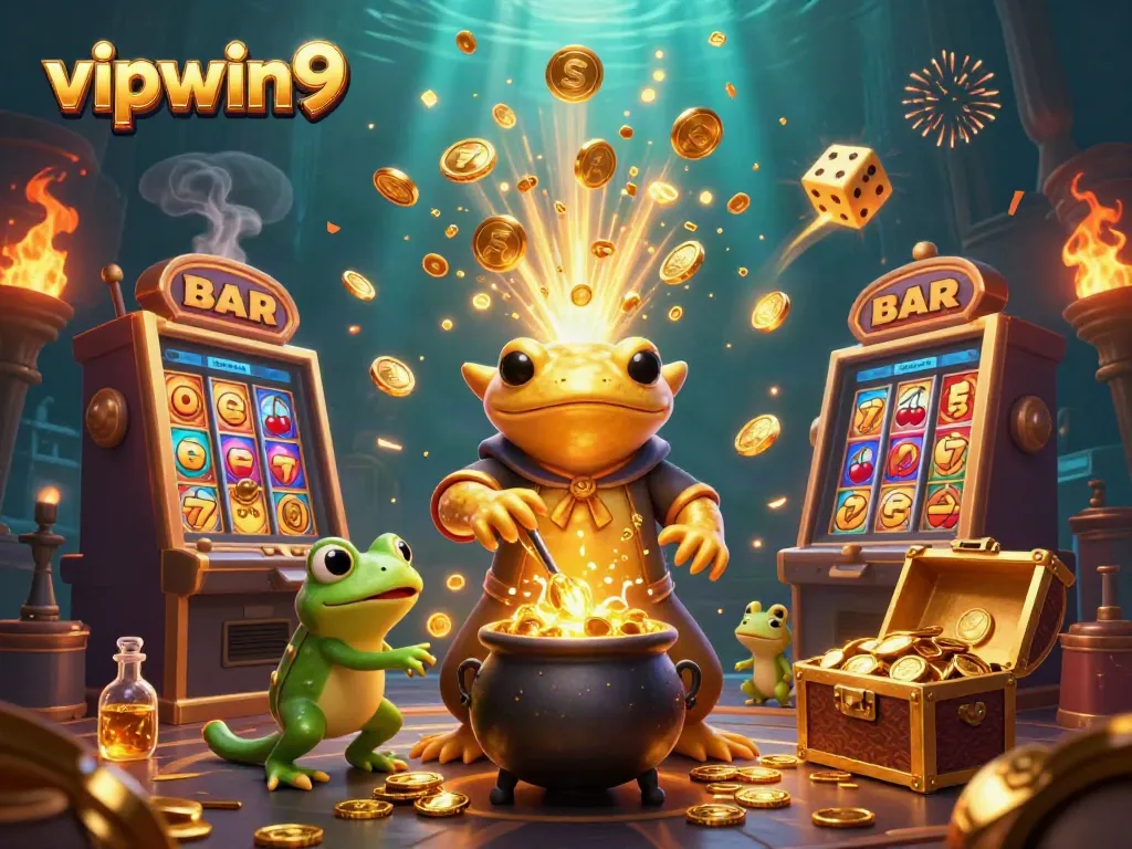 Experience winning moments with vipwin9 in a vibrant casino scene featuring a whimsical golden alchemist.