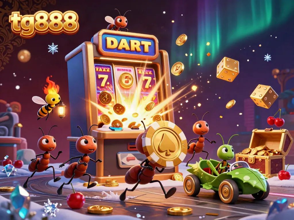 Join a thrilling tg888 adventure with cartoon ants carrying a giant poker chip amid a vibrant casino scene.